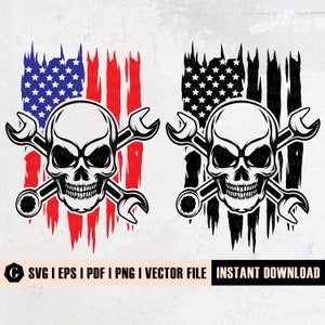 USA Skull Mechanic SVG File | Mechanic Logo | Wrenches Svg | Mechanic Skull Png | Skull Silhouette | Bones Of Human Svg | Skeleton Hand Svg