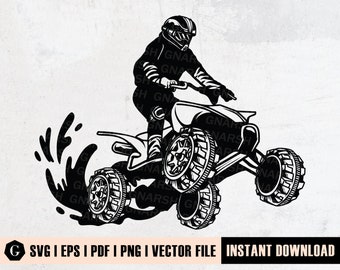 Puede incluir: Ilustración en blanco y negro de una persona conduciendo un quad a través de un chapoteo de agua. El quad tiene neumáticos grandes y la persona lleva un casco.