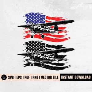 May include: A black silhouette of a small airplane flying over a distressed American flag. The flag is red, white, and blue with a grunge effect.