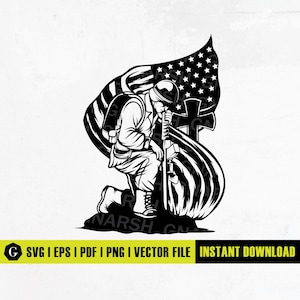 US Soldier Kneeling Praying at Memorial Cross Svg | Fallen Soldier Svg | Kneeling at Memorial Svg | Soldier Kneeling Praying | Cut Files Png