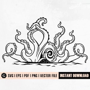 May include: A black and white line art illustration of an octopus with eight tentacles. The octopus is drawn in a vintage style and is surrounded by water.