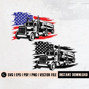 May include: Black and white silhouette of a semi-truck hauling logs with an American flag in the background. The truck is driving to the right. The flag is tattered and has a red, white, and blue color scheme.