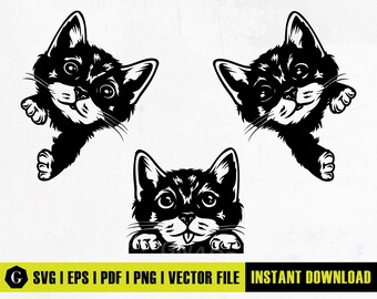 May include: Black and white vector file featuring three cartoon cat illustrations. The cats have large eyes and are smiling. The image includes the text "SVG | EPS | PDF | PNG | VECTOR FILE" and "INSTANT DOWNLOAD".