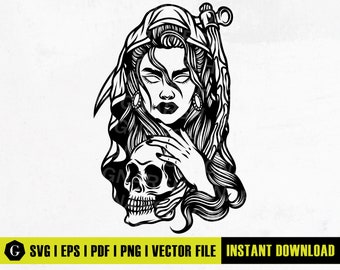 Witch Skull SVG | Tattoo Stencil, Witchcraft Clipart (Digital Download)