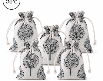 Tree Drawstring Burlap Linen Pouches [5pk] Jewelry Gift Bags, Rustic Bracelet Packaging, Reusable Favor Bags, Linen Storage Pouch Set