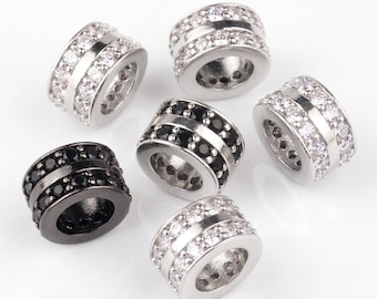 Double Row CZ Pave Spacer Beads - Cubic Zirconia Large Hole Rondelle - Rhinestone Jewelry Making Supplies Findings| Black, Silver | 9mm