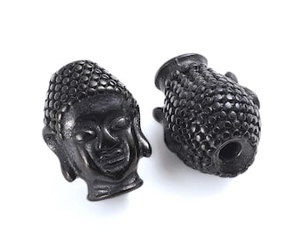 Buddha Head Bead - Black Gunmetal Stainless Steel Beads - Charm | DIY Yoga Zen Jewelry Making | Mala Bead Bracelet, Necklace Supplies | 14mm