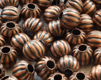 Antique Red Copper Tone Grooved Spacer Beads (25pc) - Round Ribbed Bead | Vintage Metal Findings DIY Bracelet Necklace Jewelry Supplies |8mm