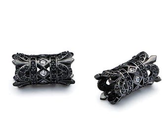 Pave CZ Double Crown Black Bead Tube 16mm | White CZ Rhinestone Cylinder| Charms, Focal, Spacer, Findings | Big Hole Beads - Jewelry Making