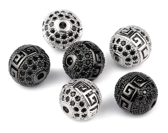 CZ Pave Bead Gunmetal Black/Silver [3pc] Greek Key Pattern Round Rhinestone Spacer | Luxury Crystal Jewelry Making Supplies - Findings| 10mm