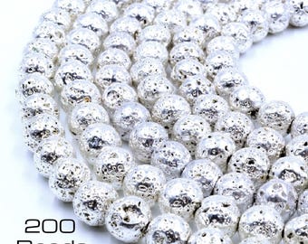 Electroplated Silver Lava Beads 8mm | 200pcs Metallic Lava Stone | Round Loose Beads | Jewelry Making - Bracelet • Necklace • Earrings