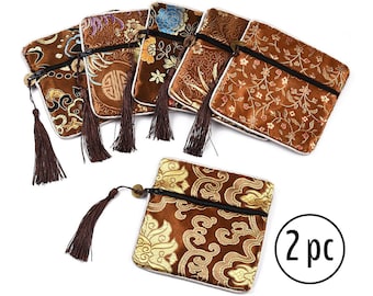 Silk Brocade Floral Coin Purse [2pc] Golden Bronze Chinese Embroidered Tassel Zipper Pouch, Gift Bag | Bracelet, Jewelry Product Packaging