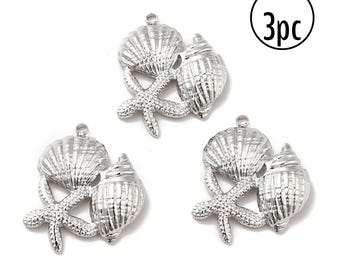 Stainless Steel Starfish & Shell Charm [3pc] Beachy Seashell Pendant | Jewelry Making • Necklace • Bracelet | Silver Findings Bead Supplies