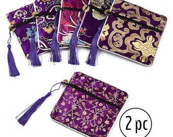 Silk Brocade Floral Coin Purse [2pc] Purple Chinese Embroidered Tassel Zipper Pouch, Gift Bag | Bracelet, Jewelry Product Packaging