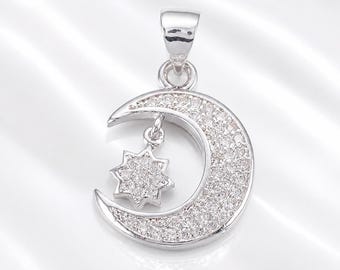 Platinum-plated Moon & Star Charm - White Pave CZ Silver Celestial Sky Pendant | Jewelry Making • Necklace • Bracelet Supplies | 14mm