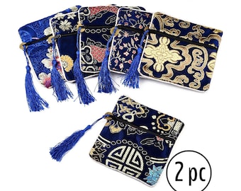 Silk Brocade Floral Coin Purse [2pc] Blue Chinese Embroidered Tassel Zipper Pouch, Gift Bag | Bracelet, Jewelry Product Packaging