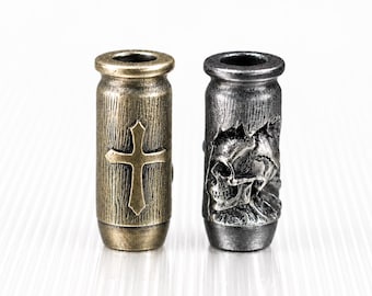 Skull & Cross Bullet Paracord Bead - Antique Brass or Silver | Knife Lanyard Beads | EDC Gear • Biker Charm • Zipper Pull • Tactical [1pc]