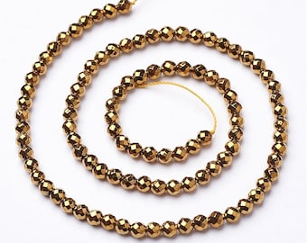 Golden Faceted Hematite Beads (4mm) PVD Vacuum Plated | DIY Jewelry Making • Bead Bracelet • Necklace • Earring Supplies | 15" strand