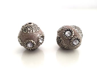 2pc Kashmiri Beads – Handmade Bali Bead w/ Rhinestones, Boho Jewelry Making Supplies, Large Statement Focal Bead, Artisan Style |15mm