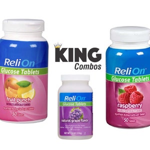 ReliOn-smak av glukostabletter - 3-pack med smak av hallon, fruktpunch och druva, 50 tabletter per förpackning