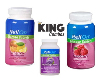 ReliOn Flavor Glucose Tablets - 3 Pack Flavor Raspberry, Fruit Punch, Grape 50 tablets each container