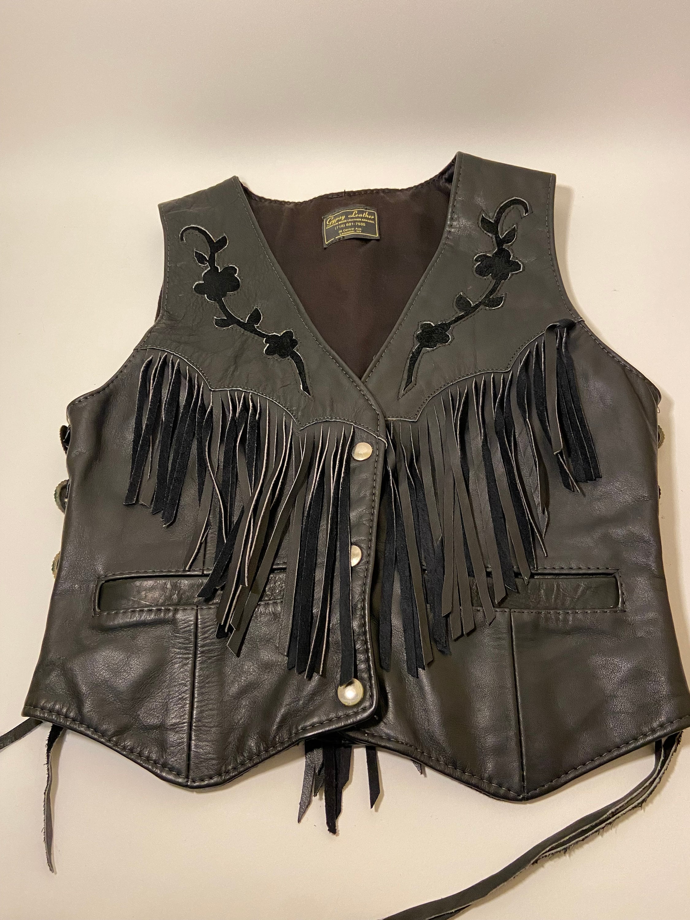 Gypsy Leather New York Black Leather Vest With Flowers on Front