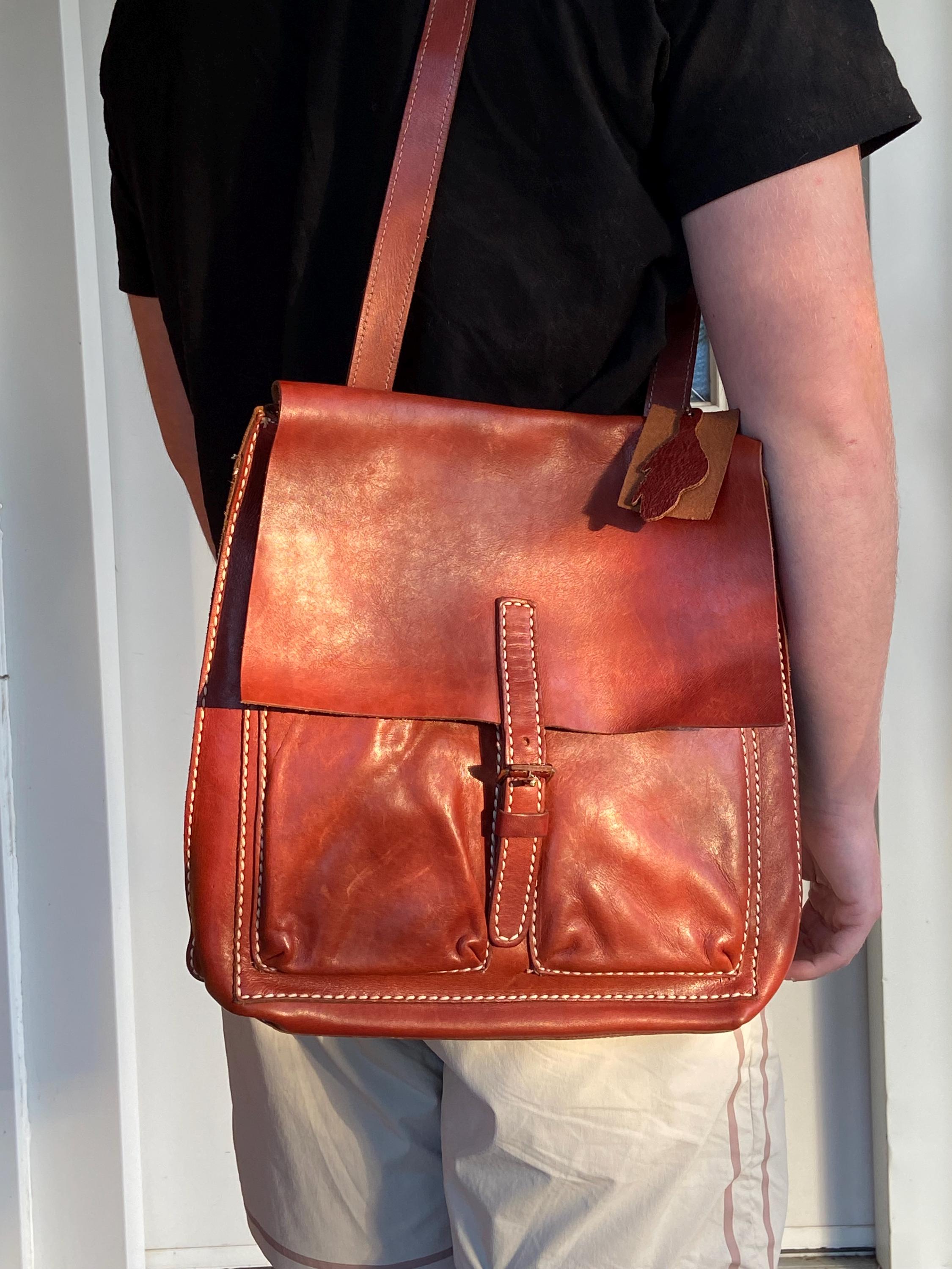 Roots Backpack Brown Leather Satchel Messenger Bag Horween Unisex Roots Leather Bags for Men for sale - eBay main image 4