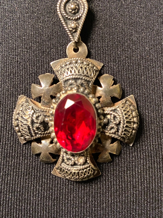 Vintage 950 Silver and Paste Ruby Jerusalem Cross… - image 1