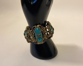 Victorian Style Gold Tone Bracelet with Large Green Cabochons, Purple Rhinestones and Faux Pearls