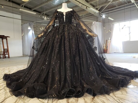 Ballgown Black Wedding Dress With Cape - Etsy UK