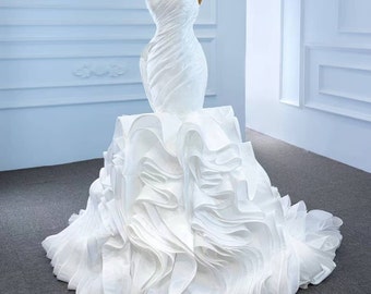 Strapless ruffled satin mermaid wedding gown