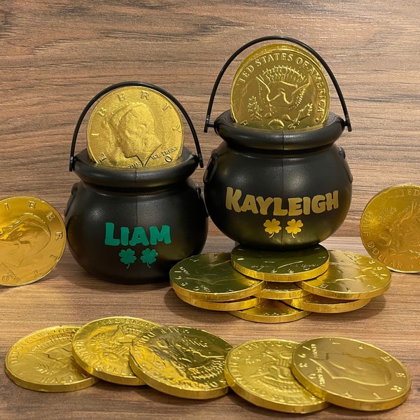 Mini Leprechaun Pot with Chocolate Coin Candies - Personalized with Shamrock - St. Patty Gift, Saint Patricks’s Day - Leprechaun Pot of Gold