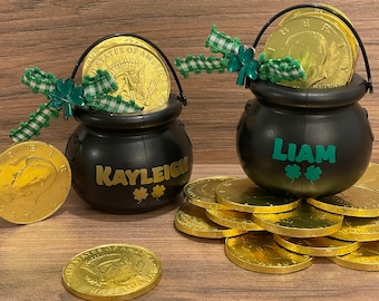 Mini Leprechaun Pot with Chocolate Coin Candies - Personalized with Bows - St. Patty Gift, Saint Patricks’s Day - Leprechaun Pot of Gold