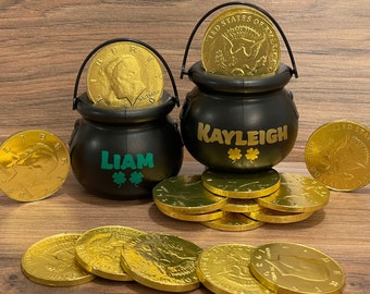 Mini Leprechaun Pot with Chocolate Coin Candies - Personalized with Shamrock - St. Patty Gift, Saint Patricks’s Day - Leprechaun Pot of Gold