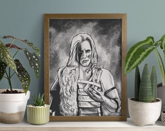 May include: Black and white drawing of a person with long hair, wearing a fur-lined garment and holding a weapon. The drawing is framed in a brown wooden frame.