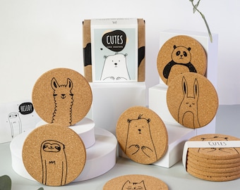 Cutes - Coaster set - cute round cork coasters, eco-friendly glass coasters housewarming gift, home decor, Llama, Bear, Panda, Sloth Bunny