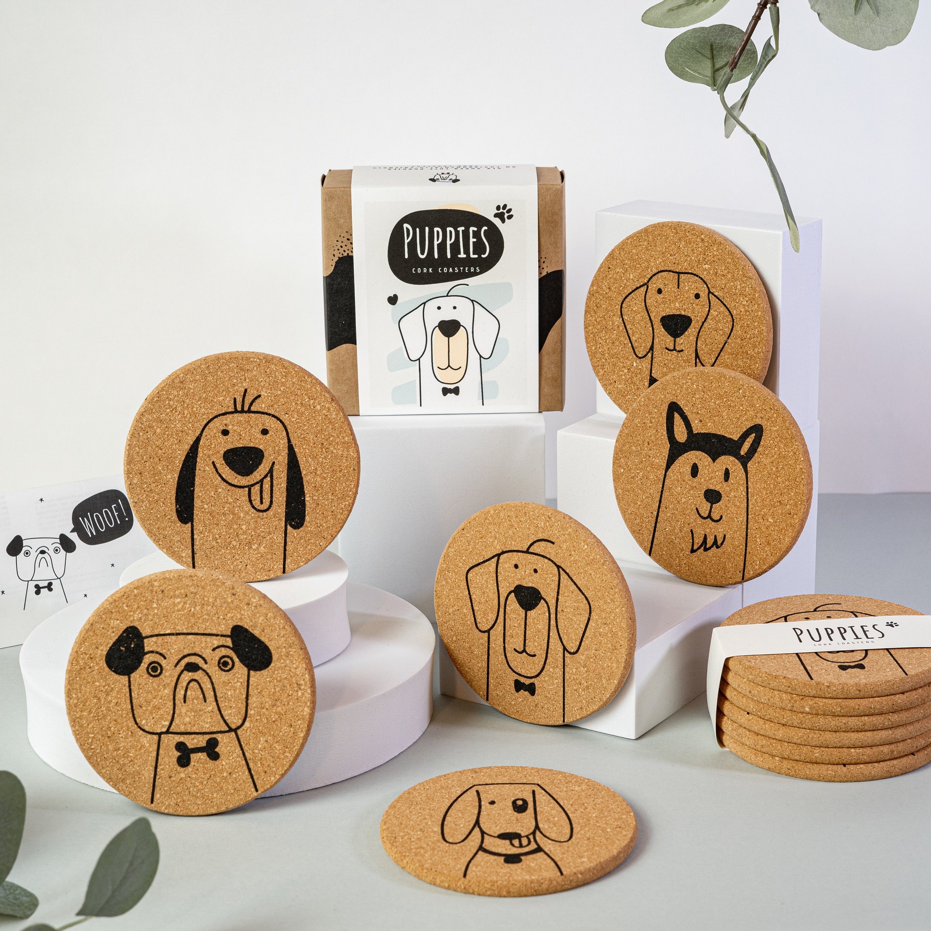 Chiots Chiens Dessous de Verre en Liège, Rond, 6 Pièces, Set Dessous Écologique, Cadeau d'anniversai