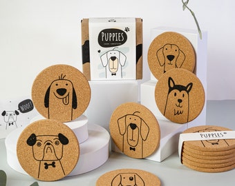 Puppies - drink cork coaster set, cute gift for dog owner dog lovers, spaniel, husky, bulldog, vizsla, retriever, foxhound