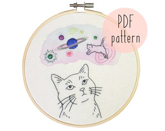 PDF Galaxy Cat embroidery pattern, Cat embroidery pattern, Embroidery pattern download, Embroidery for beginners
