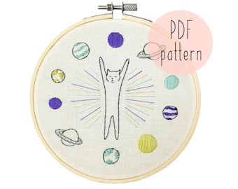 PDF版スペースキャット刺繍パターン｜猫の刺繍パターン｜刺繍パターンのダウンロード｜初心者向け刺繍