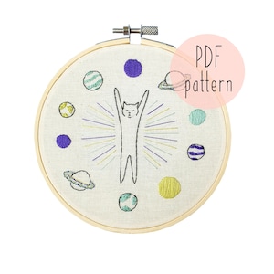 PDF Space Cat embroidery pattern | Cat embroidery pattern | Embroidery pattern download | Embroidery for beginners