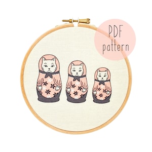 Matryoshka cats embroidery pattern PDF | Cat embroidery pattern | Embroidery pattern download | Embroidery for beginners