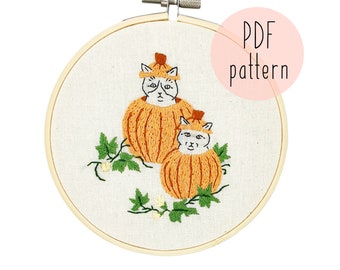 PDF Pumpkin Cats embroidery pattern, cat embroidery pattern, embroidery pattern download, embroidery for beginners, halloween, spooky
