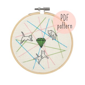 PDF Cat Burglars (green diamond) embroidery pattern | Cat embroidery pattern | Embroidery pattern download | Beginner embroidery