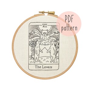 PDF The Lovers (noir) motif de broderie, motif de broderie de chat, téléchargement de motif de broderie, broderie pour débutants, art de la carte de tarot