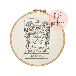 PDF The Lovers (black) embroidery pattern, cat embroidery pattern, embroidery pattern download, embroidery for beginners, tarot card art