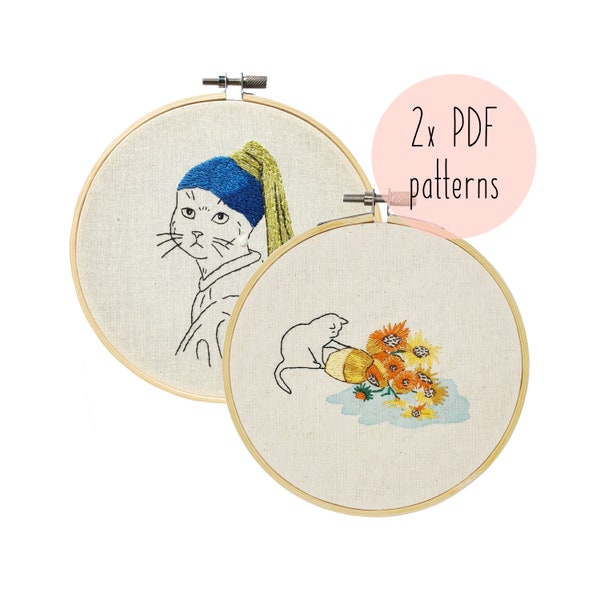 2 x Cats in Art PDF duo embroidery patterns, cat embroidery design, embroidery pattern download, DIY craft, digital needlecraft, pop culture