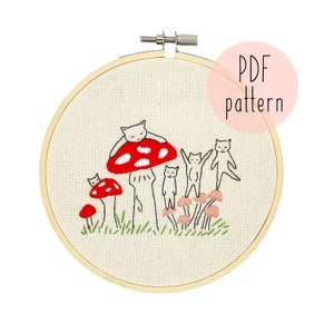 PDF Mushroom cats embroidery pattern | Cat embroidery pattern | Embroidery pattern download | Embroidery for beginners