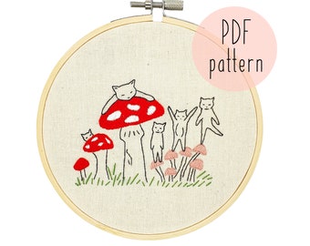 PDF キノコ猫の刺繍パターン | 猫の刺繍パターン | 刺繍パターンのダウンロード | 初心者向け刺繍