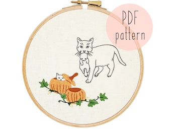 PDF Pumpkin Kittens embroidery pattern, Cat embroidery pattern, Embroidery pattern download, Embroidery for beginners